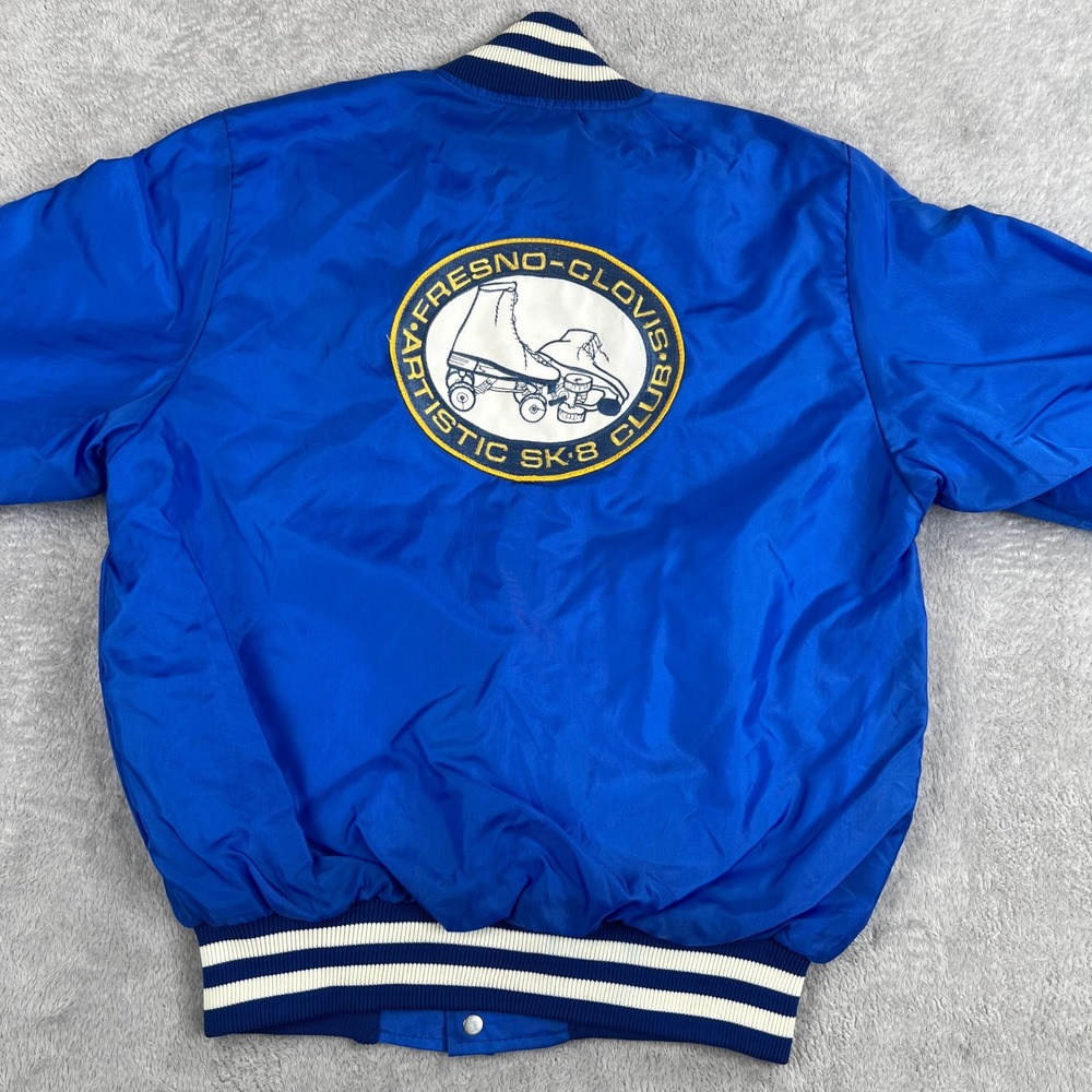 Vintage Roller Skating Satin Varsity Jacket S Blue Chain Stitch Bomber Made USA